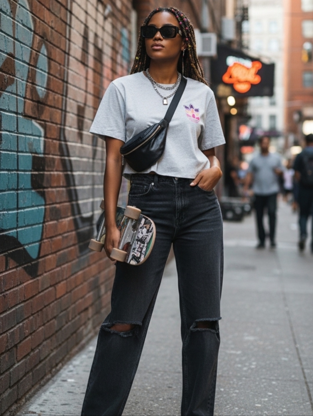 Adidas Light Gray Cropped Tee with Multicolor Logo